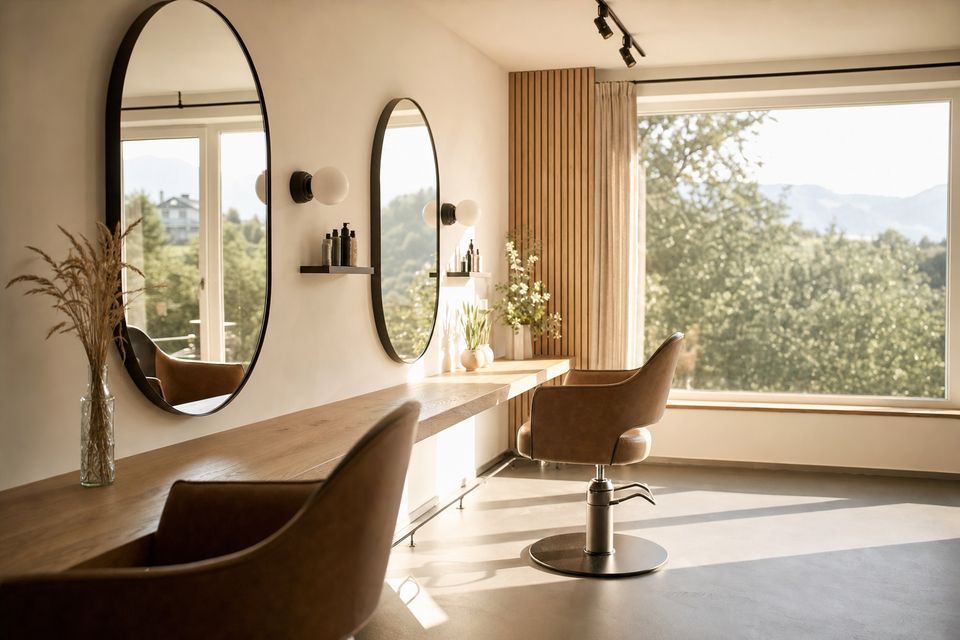 the room seen from a different angle, detail of the working area, chairs and mirrors, no people